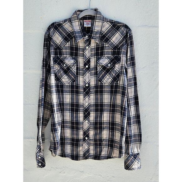 True Religion Shirt Mens XXL Black Plaid Western Flannel Pearl Snap Long Sleeve - Picture 1 of 7